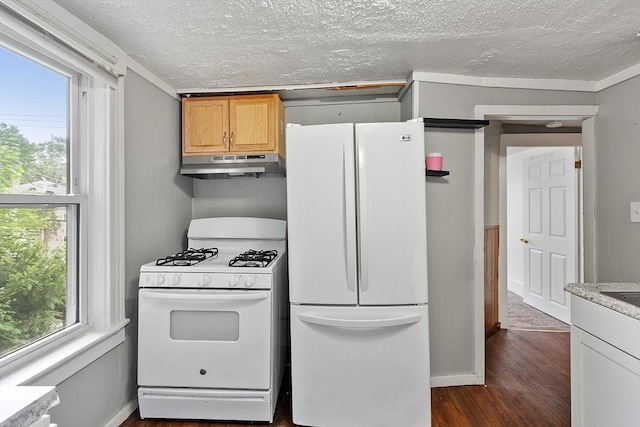 205-207 High St, Fitchburg, MA 01420 - kitchen featuring white appliances, under cabinet range hood, dark wood-style flooring, and a textured ceiling
