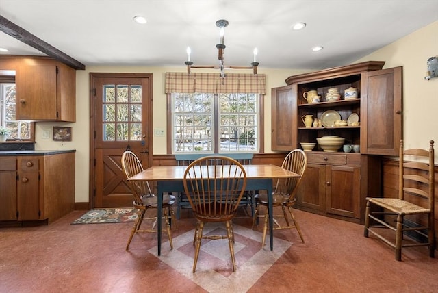 dining area with light colored carpet and recessed lighting