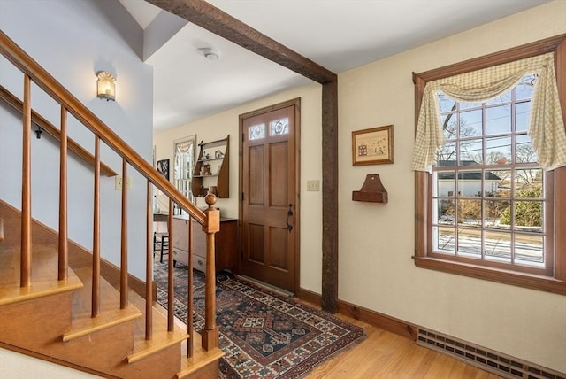 foyer entrance featuring plenty of natural light, baseboards, and wood finished floors