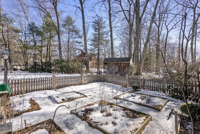 snowy yard featuring an outdoor structure and fence private yard