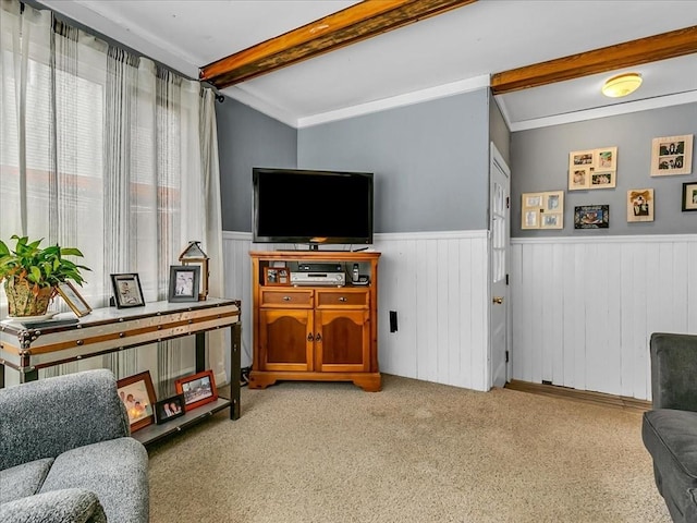 living area featuring carpet floors, beamed ceiling, and wainscoting