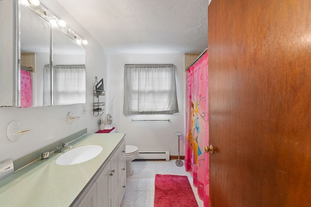 bathroom with a baseboard heating unit, tile patterned floors, a textured ceiling, toilet, and vanity