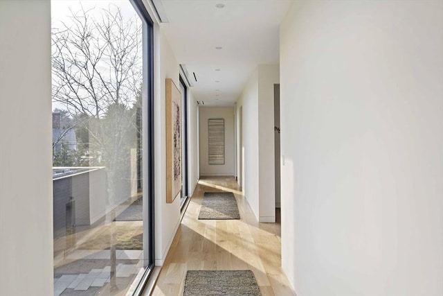 hallway featuring wood finished floors and baseboards