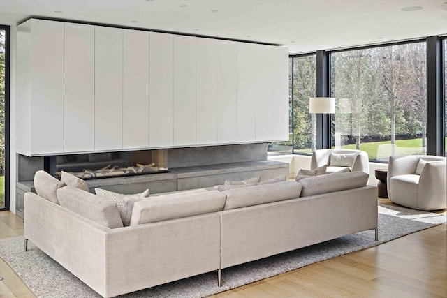living room with wood finished floors and a wall of windows
