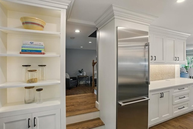 171 Brentwood Cir, North Andover, MA 01845 - kitchen featuring open shelves, built in fridge, white cabinets, and dark wood finished floors