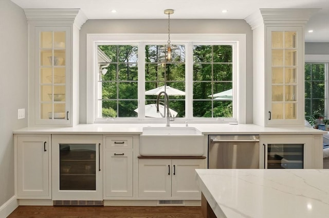 171 Brentwood Cir, North Andover, MA 01845 - bar with stainless steel dishwasher, wine cooler, a sink, hanging light fixtures, and recessed lighting