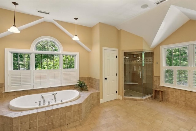 171 Brentwood Cir, North Andover, MA 01845 - full bathroom with a garden tub, a stall shower, and vaulted ceiling