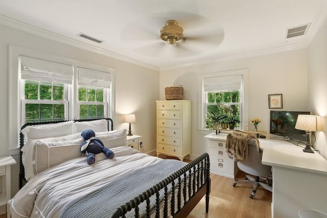 171 Brentwood Cir, North Andover, MA 01845 - bedroom featuring light wood finished floors, crown molding, an office area, and ceiling fan