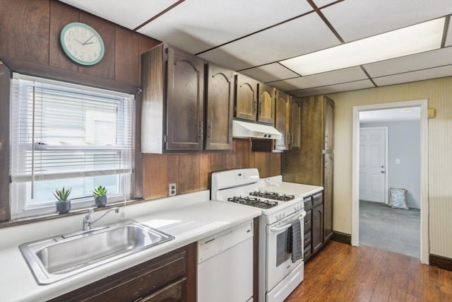 45 Franklin Ave, Quincy, MA 02170 - kitchen featuring a sink, dark wood-type flooring, white appliances, under cabinet range hood, and light countertops