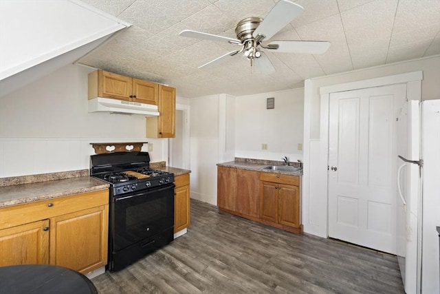 kitchen featuring sink, dark hardwood / wood-style floors, white fridge, ceiling fan, and black gas range