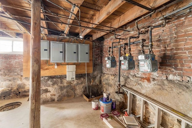 basement with brick wall and electric panel