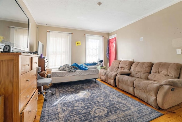 living room featuring crown molding and wood-type flooring