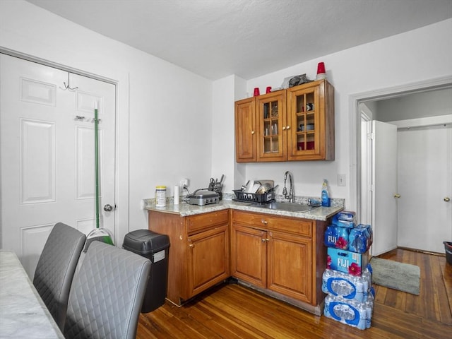 kitchen with dark hardwood / wood-style flooring, light stone countertops, and sink