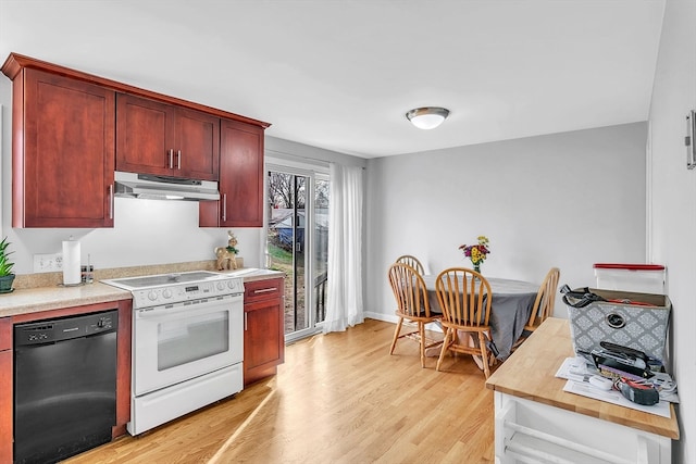 kitchen featuring dishwasher, white range, and light wood-type flooring