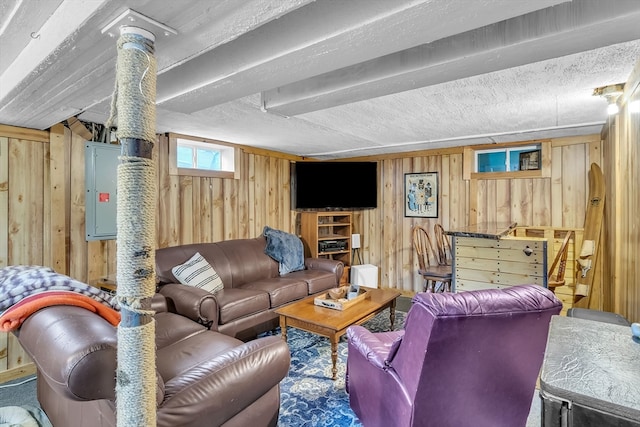 living room with electric panel and wood walls