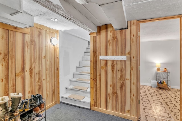 basement featuring wood walls