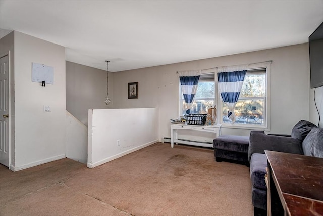 living area featuring a baseboard radiator, carpet flooring, an upstairs landing, and baseboards