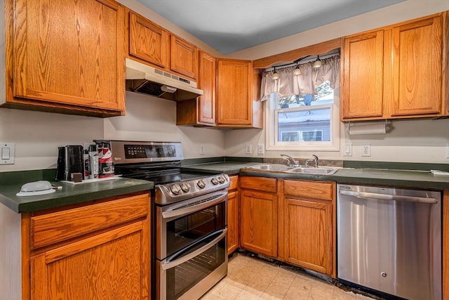 kitchen with under cabinet range hood, stainless steel appliances, a sink, brown cabinetry, and dark countertops