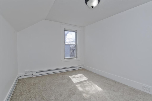 bonus room with lofted ceiling, carpet flooring, baseboards, and a baseboard radiator