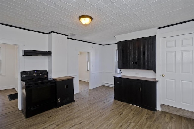 kitchen with under cabinet range hood, wood finished floors, black / electric stove, and dark cabinets