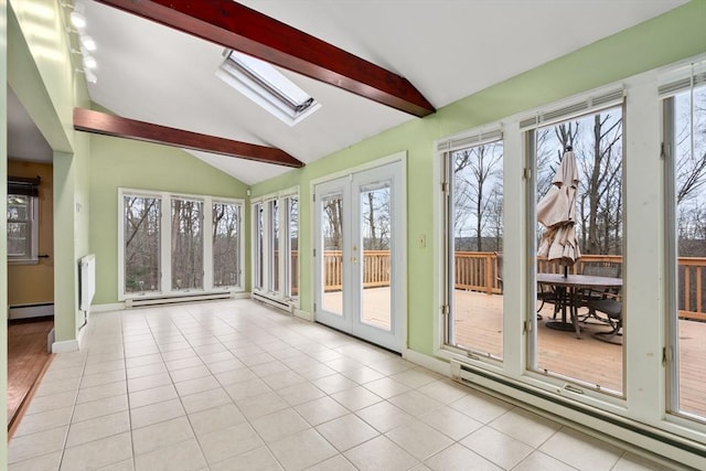 unfurnished sunroom with vaulted ceiling with skylight and a baseboard heating unit