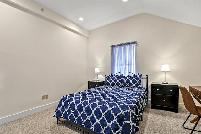 bedroom with vaulted ceiling, recessed lighting, carpet flooring, and baseboards