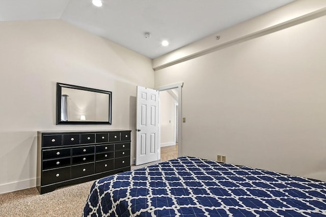 bedroom with carpet floors, baseboards, vaulted ceiling, and recessed lighting