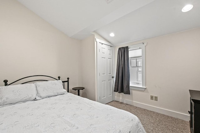 bedroom with carpet, baseboards, vaulted ceiling, and recessed lighting