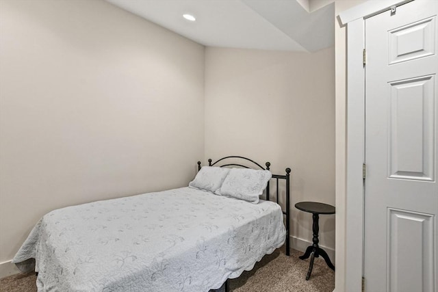 carpeted bedroom with recessed lighting and baseboards