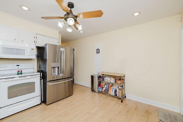 51 Jette St, Swansea, MA 02777 - kitchen with white appliances, white cabinetry, light wood-style flooring, ceiling fan, and recessed lighting