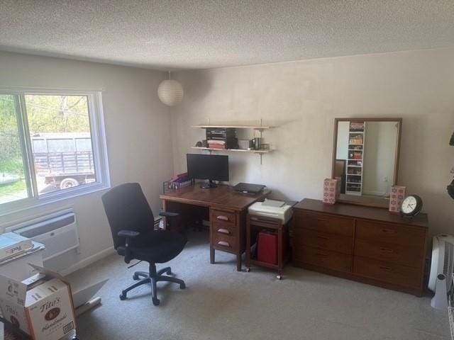 office with light carpet and a textured ceiling