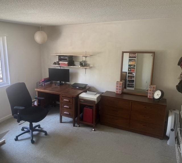 office featuring a textured ceiling and light colored carpet