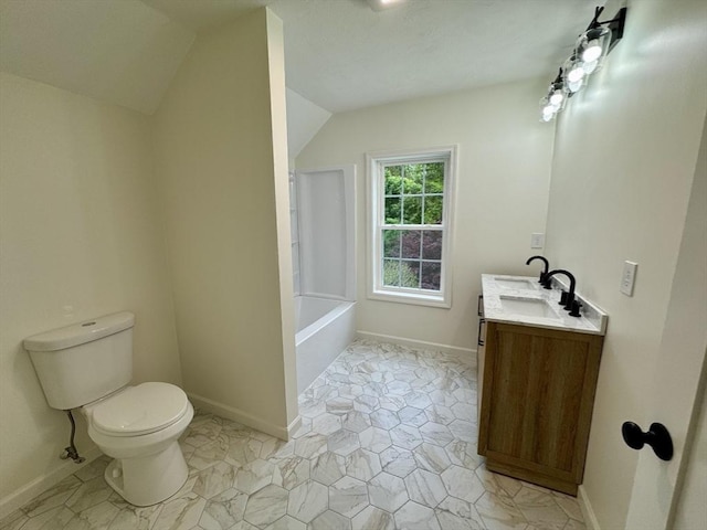 5 Mechanic St, Brookfield, MA 01506 - full bath featuring vaulted ceiling, toilet, vanity, baseboards, and tile patterned floors