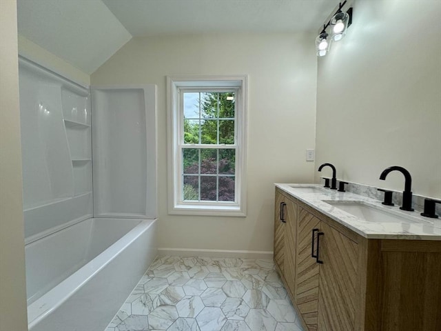 5 Mechanic St, Brookfield, MA 01506 - full bathroom featuring double vanity, marble finish floors, lofted ceiling, and baseboards