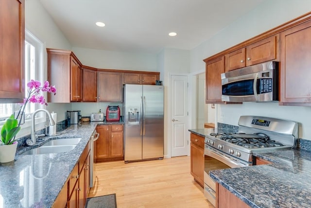 28 Picket Fence, Plymouth, MA 02360 - kitchen featuring appliances with stainless steel finishes, a sink, dark stone counters, and recessed lighting