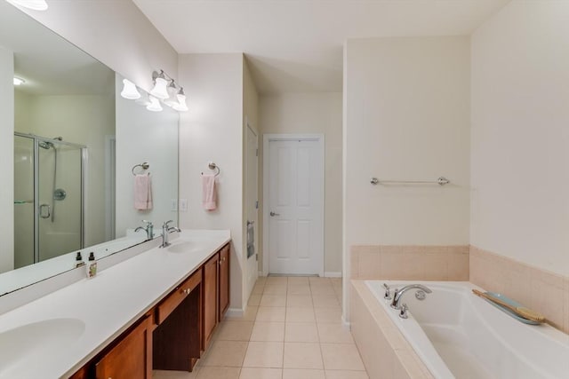 28 Picket Fence, Plymouth, MA 02360 - bathroom featuring tile patterned floors, a garden tub, a stall shower, double vanity, and baseboards