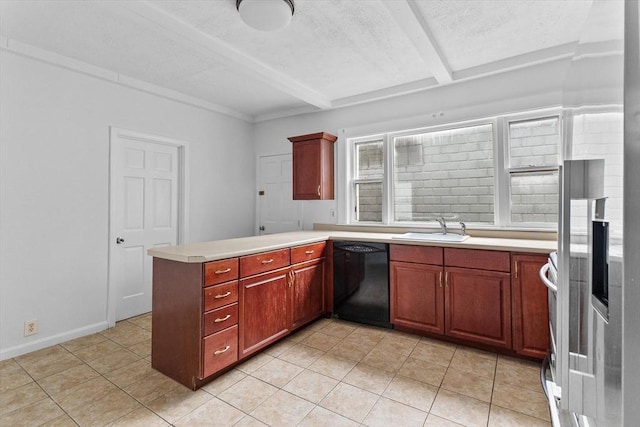 kitchen featuring black dishwasher, beamed ceiling, a sink, a peninsula, and light countertops
