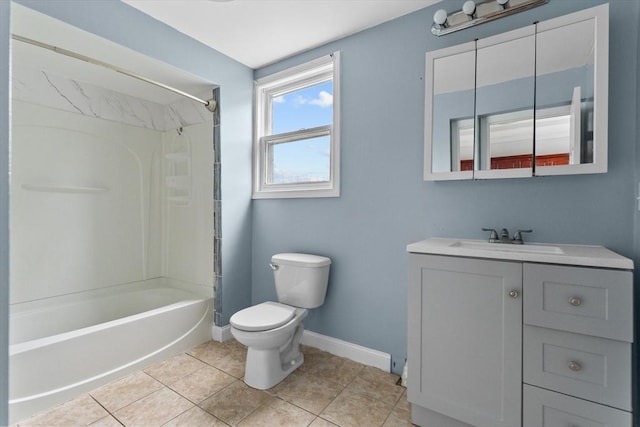 full bath featuring toilet, tile patterned floors, baseboards, vanity, and washtub / shower combination