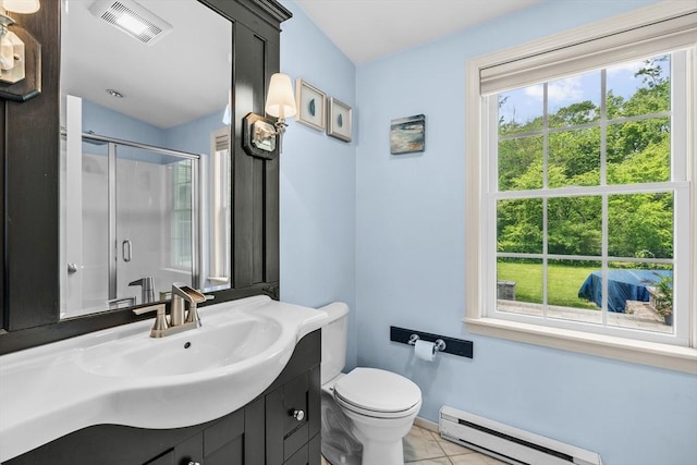 8 Knight Rd, Framingham, MA 01701 - full bath with a baseboard heating unit, vanity, a shower stall, and healthy amount of natural light