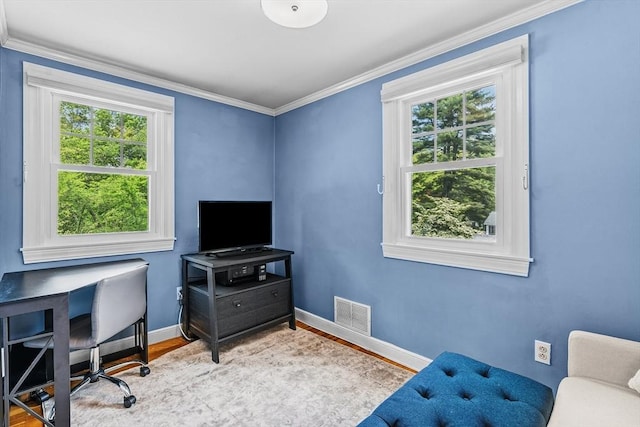 8 Knight Rd, Framingham, MA 01701 - home office featuring baseboards, wood finished floors, and crown molding