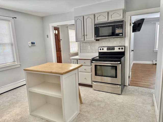 kitchen featuring open shelves, electric range, baseboard heating, decorative backsplash, and black microwave