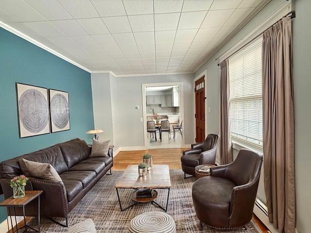 living room featuring ornamental molding, baseboards, and wood finished floors