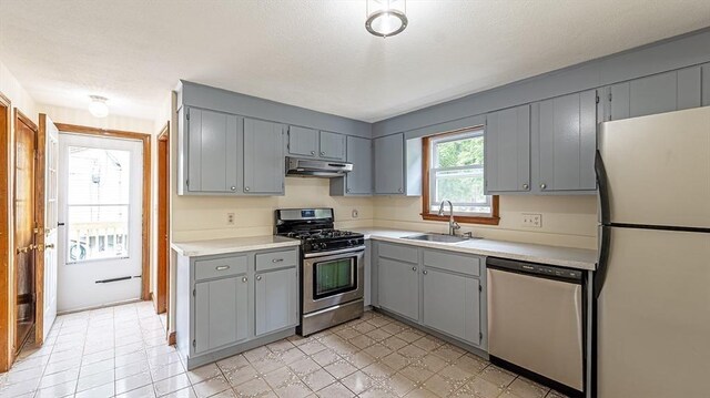 kitchen featuring appliances with stainless steel finishes, sink, and gray cabinetry