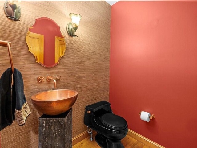 bathroom with baseboards, a sink, wood finished floors, and toilet