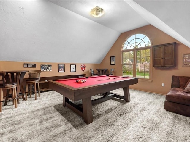 recreation room featuring carpet floors, pool table, and lofted ceiling