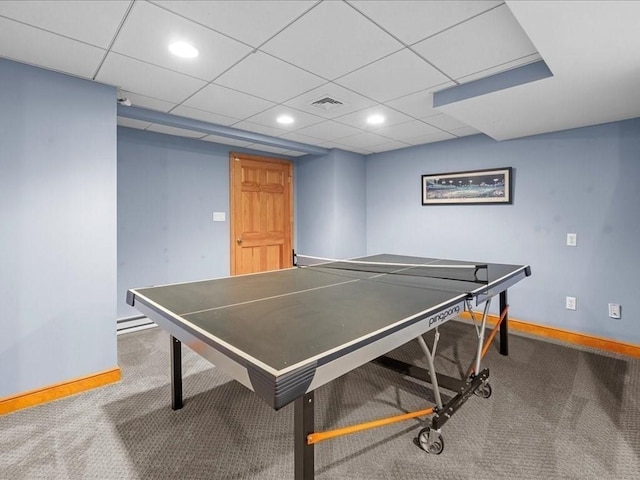 recreation room with recessed lighting, baseboards, visible vents, and carpet