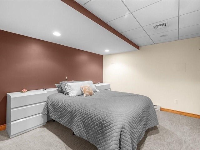 bedroom with visible vents, recessed lighting, carpet, and baseboards