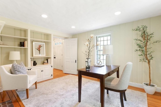 home office featuring recessed lighting, baseboards, and light wood-style floors