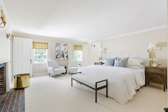 carpeted bedroom featuring a brick fireplace, baseboards, and ornamental molding