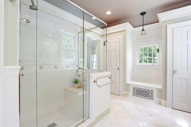 full bathroom featuring tile patterned floors, visible vents, recessed lighting, and a shower stall